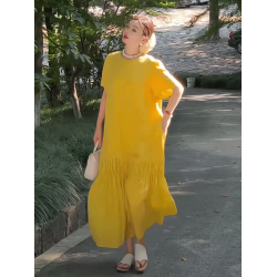 韓系純色圓領下擺壓褶短袖連衣裙女2025夏季新款寬松顯瘦過膝長裙