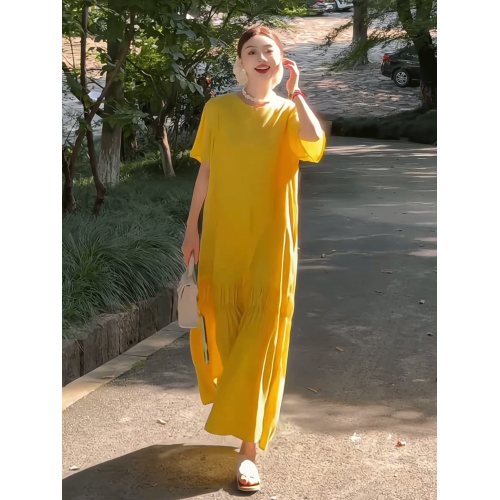 韓系純色圓領下擺壓褶短袖連衣裙女2025夏季新款寬松顯瘦過膝長裙