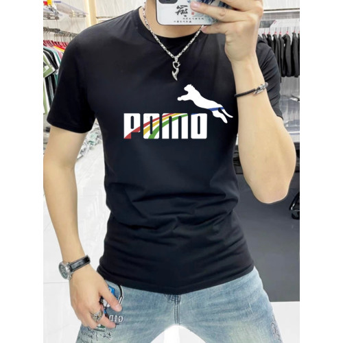 歐洲站高級冰絲光棉涼感短袖男T恤潮牌豹子印花修身半袖上衣服夏