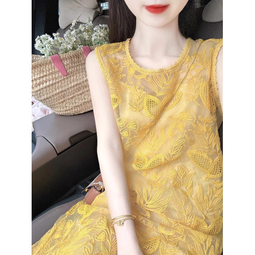 歐洲站黃色無袖吊帶連衣裙子女裝夏季2025新款法式獨特超好看氣質