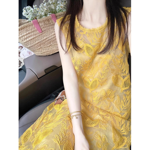 歐洲站黃色無袖吊帶連衣裙子女裝夏季2025新款法式獨特超好看氣質