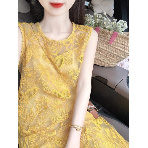 歐洲站黃色無袖吊帶連衣裙子女裝夏季2025新款法式獨特超好看氣質