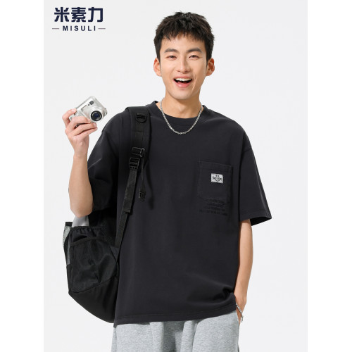 美式復古高級純棉黑色短袖男t恤2025新款寬松透氣半袖上衣服男款