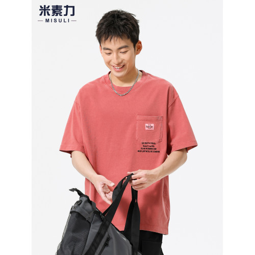 美式復古高級純棉黑色短袖男t恤2025新款寬松透氣半袖上衣服男款