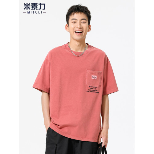美式復古高級純棉黑色短袖男t恤2025新款寬松透氣半袖上衣服男款