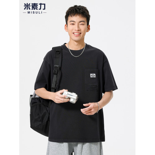 美式復古高級純棉黑色短袖男t恤2025新款寬松透氣半袖上衣服男款