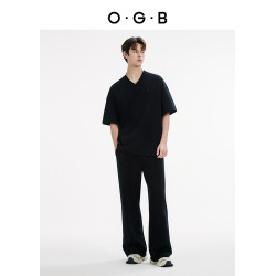 OGB2025新款春夏V領短袖t恤寬松時尚百搭打底衫厚板膠印情侶上衣