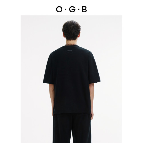 OGB2025新款春夏V領短袖t恤寬松時尚百搭打底衫厚板膠印情侶上衣