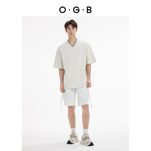 OGB2025新款春夏V領短袖t恤寬松時尚百搭打底衫厚板膠印情侶上衣