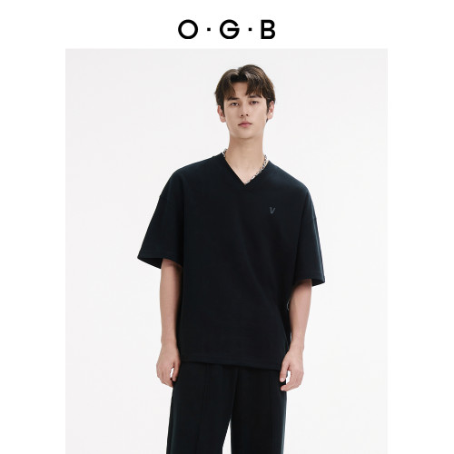 OGB2025新款春夏V領短袖t恤寬松時尚百搭打底衫厚板膠印情侶上衣