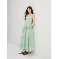 YAYIO 夏季新款圓領拼接連衣裙女2025嫩綠色純棉無袖度假長裙