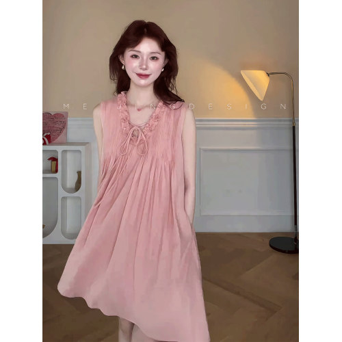 韓系氣質無袖背心連衣裙女2025夏季新款設計感木耳邊V領顯瘦短裙