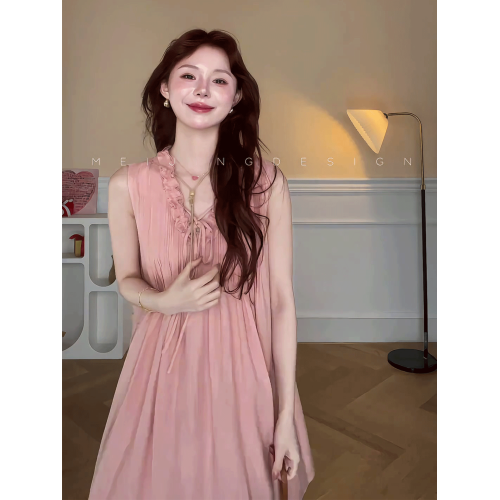 韓系氣質無袖背心連衣裙女2025夏季新款設計感木耳邊V領顯瘦短裙