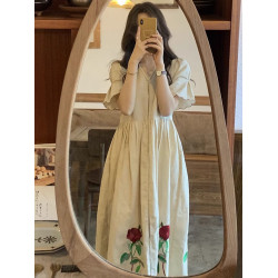 歐洲站夏裝新款小個子刺綉花色寬松減齡連衣裙度假旅遊海邊長裙女