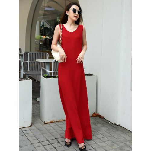 紅色連衣裙夏女大碼高個子A字裙腳裸超長裙寬松V領長款吊帶背心裙