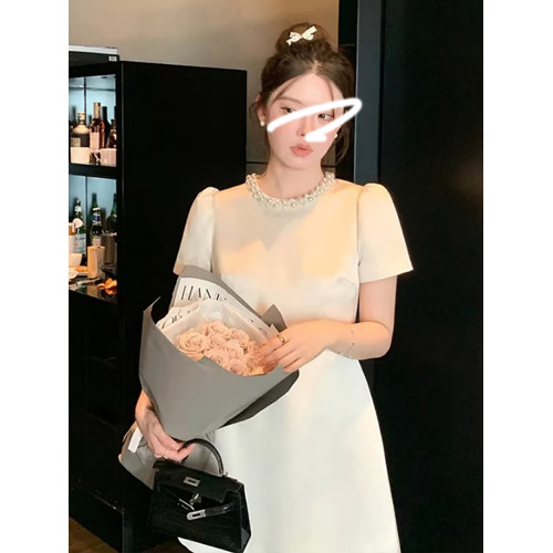 FFmiss◆小香風珍珠洋氣收腰釘珠連衣裙女夏高級感鑲鑽聚會小黑裙