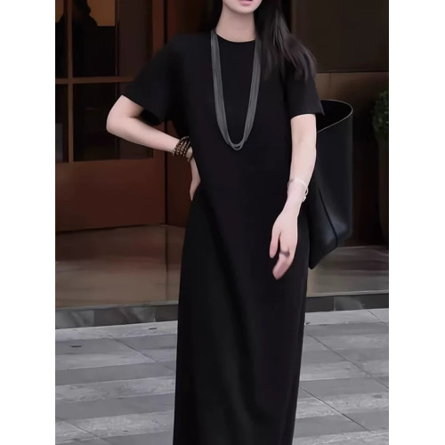 韓版新款夏季連衣裙女圓領純色百搭寬松短袖中長款顯瘦微胖直筒裙