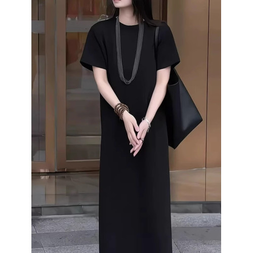 韓版新款夏季連衣裙女圓領純色百搭寬松短袖中長款顯瘦微胖直筒裙