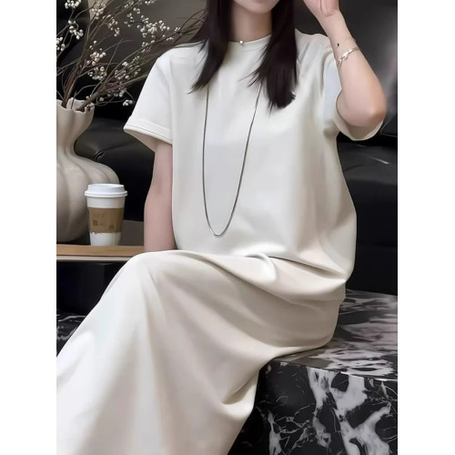 韓版新款夏季連衣裙女圓領純色百搭寬松短袖中長款顯瘦微胖直筒裙