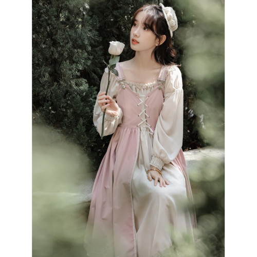 西廂記甜美lolita春夏可拆穿兩件套長裙茶系連衣裙在逃公主純欲裙