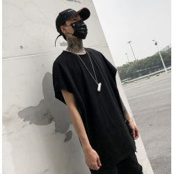 夏季黑色t恤 休閒寬松圓領純棉短袖 韓版潮牌新款大碼開衩男T恤