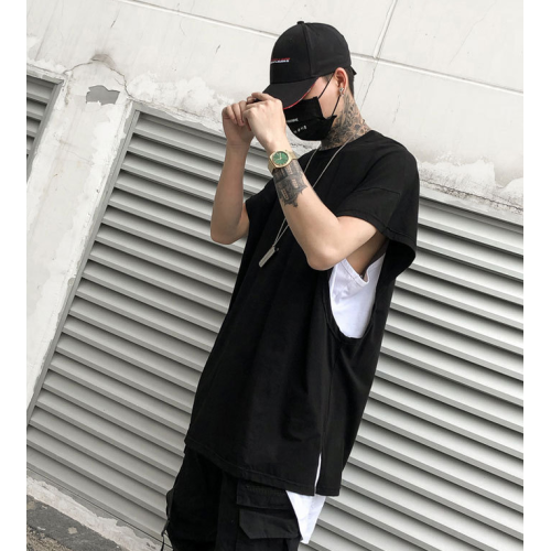 夏季黑色t恤 休閒寬松圓領純棉短袖 韓版潮牌新款大碼開衩男T恤