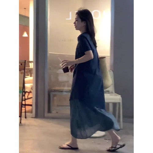 歐洲站夏季2025新款小衆設計感不規則連衣裙方領氣質方領過膝長裙