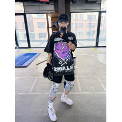XXXHOT愛心後背英文字母印花水洗做舊寬松短袖健身運動情侶男T恤