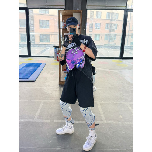 XXXHOT愛心後背英文字母印花水洗做舊寬松短袖健身運動情侶男T恤