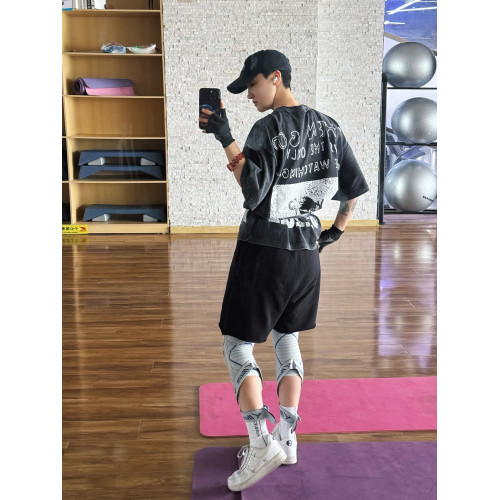 XXXHOT愛心後背英文字母印花水洗做舊寬松短袖健身運動情侶男T恤