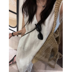 亞麻連衣裙氣質裙子女夏特殊對絲工藝棉麻V領無袖長裙背心裙