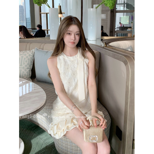 FanyFloss法式網紗亮片掛脖荷葉邊連衣裙女重工釘鑽無袖系帶短裙