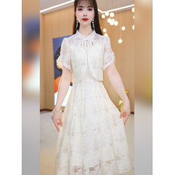 玖慕新中式印花連衣裙女2025新款夏顯瘦減齡優雅復古假兩件a字裙
