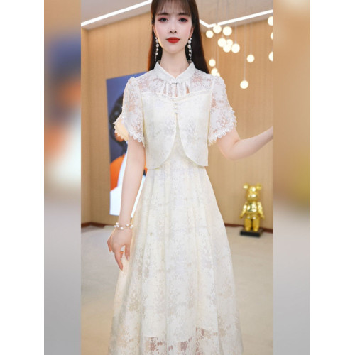 玖慕新中式印花連衣裙女2025新款夏顯瘦減齡優雅復古假兩件a字裙