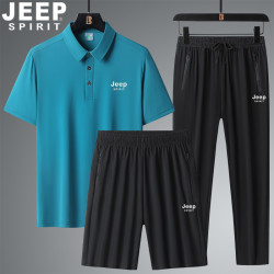 JEEP吉普冰絲短袖男t恤速乾純色寬松大碼運動服套裝男夏季三件套
