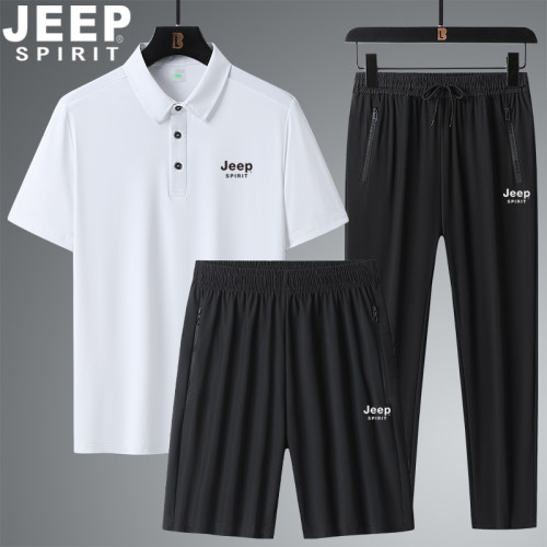 JEEP吉普冰絲短袖男t恤速乾純色寬松大碼運動服套裝男夏季三件套
