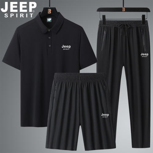 JEEP吉普冰絲短袖男t恤速乾純色寬松大碼運動服套裝男夏季三件套