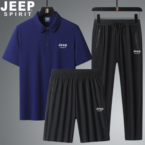 JEEP吉普冰絲短袖男t恤速乾純色寬松大碼運動服套裝男夏季三件套