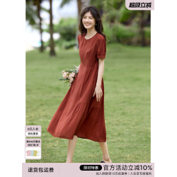 XWI訢未優雅復古赫本風抽皺拼接連衣裙女夏收腰顯瘦肌理感紅色裙