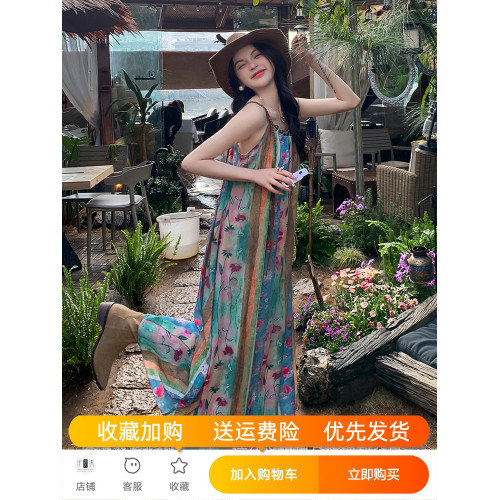 海邊度假碎花吊帶連衣裙2024新款法式復古波西米亞民族風絕美長裙