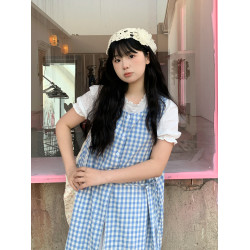 鹽三三2025夏裝新款日系小個子穿搭套裝減齡格子曡穿兩件套連衣裙