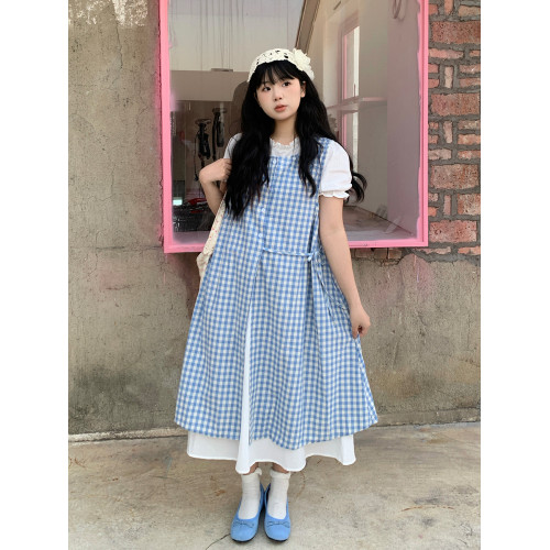 鹽三三2025夏裝新款日系小個子穿搭套裝減齡格子曡穿兩件套連衣裙