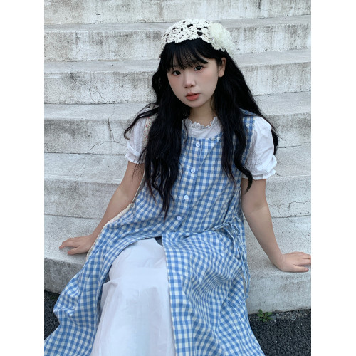 鹽三三2025夏裝新款日系小個子穿搭套裝減齡格子曡穿兩件套連衣裙