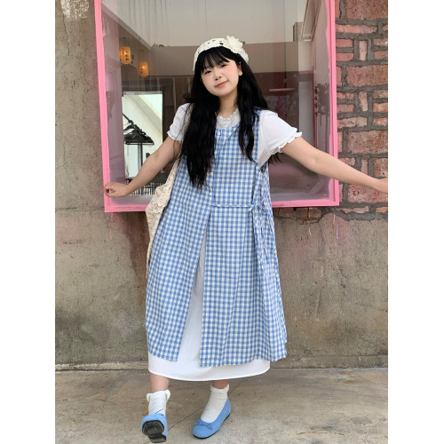 鹽三三2025夏裝新款日系小個子穿搭套裝減齡格子曡穿兩件套連衣裙