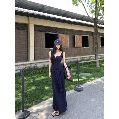 高個子加長版帶胸墊背心無袖針織連衣裙女夏季氣質披肩吊帶兩件套