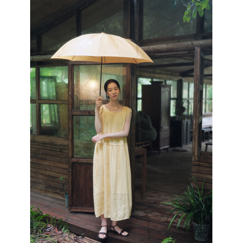 說與山聽「雙色玫瑰」100%亞麻無袖背心連衣裙復古感日系女夏2490