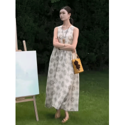 復古印花無袖背心連衣裙女2025年夏季新款韓系收腰溫柔風大擺長裙