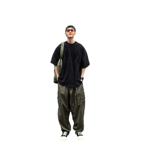 美式高克重磅男t恤水洗做舊菸灰色短袖日系小領口oversize七分袖