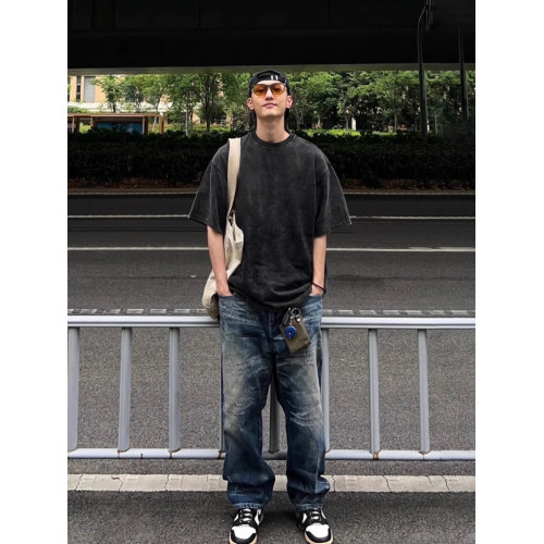 美式高克重磅男t恤水洗做舊菸灰色短袖日系小領口oversize七分袖