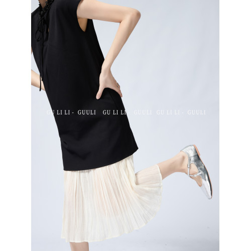 顧裡裡Guuli/新中式花朵系帶拼接連衣裙女夏季2025新款顯瘦裙子